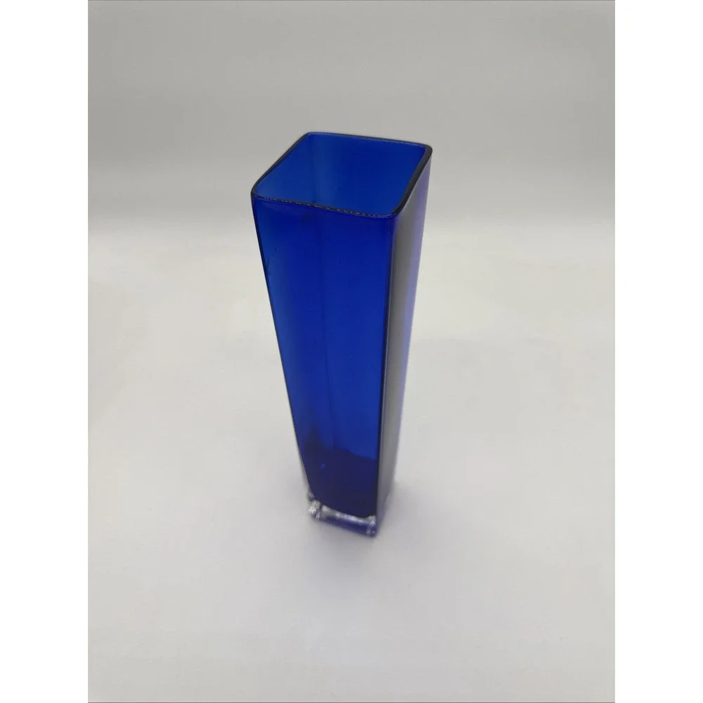 VTG Mid Century Modern MCM COBALT BLUE Rectangular VASE Clear Square Base 10